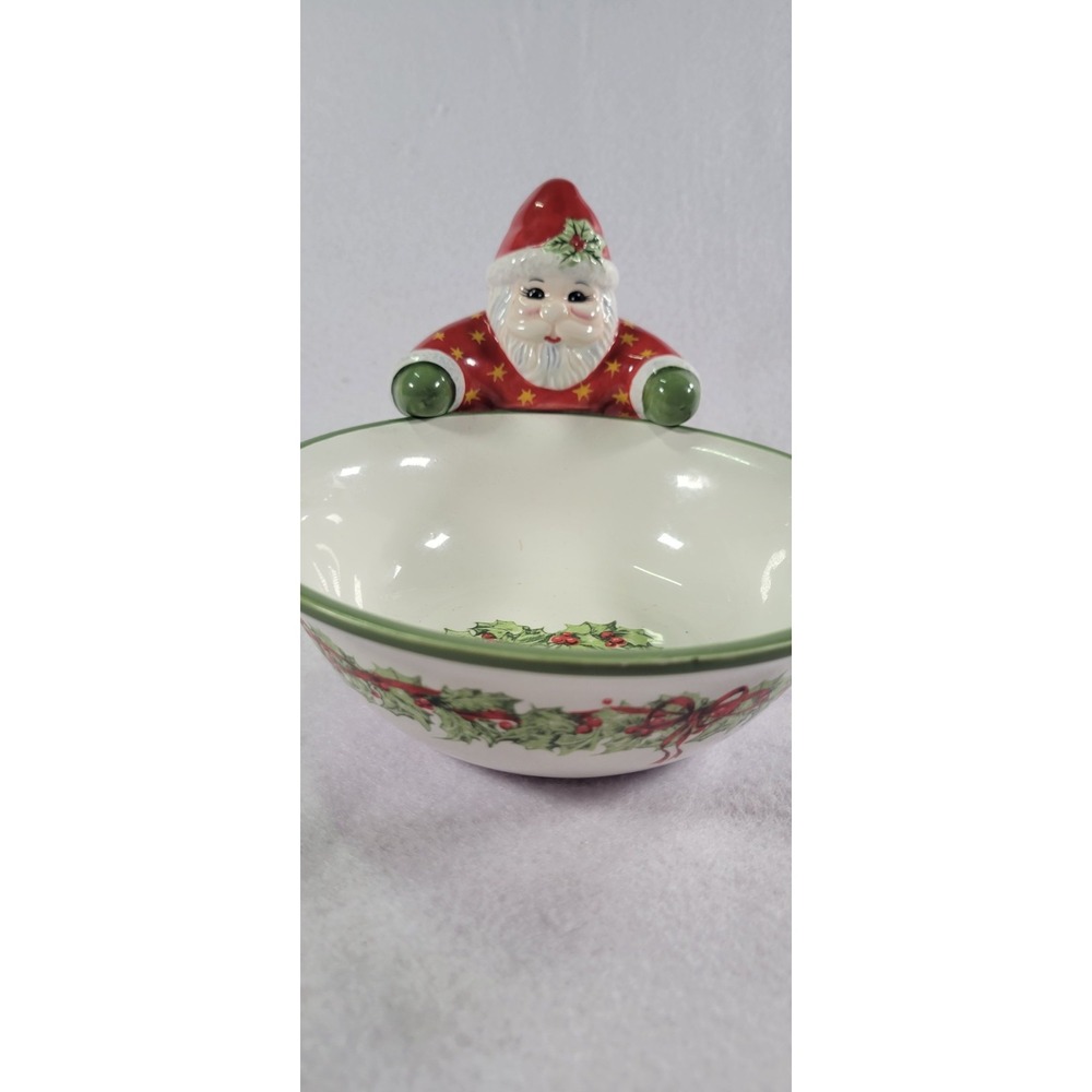 Vintage Santa Figurine Holding Ceramic Christmas Candy Bowl Holly Decor